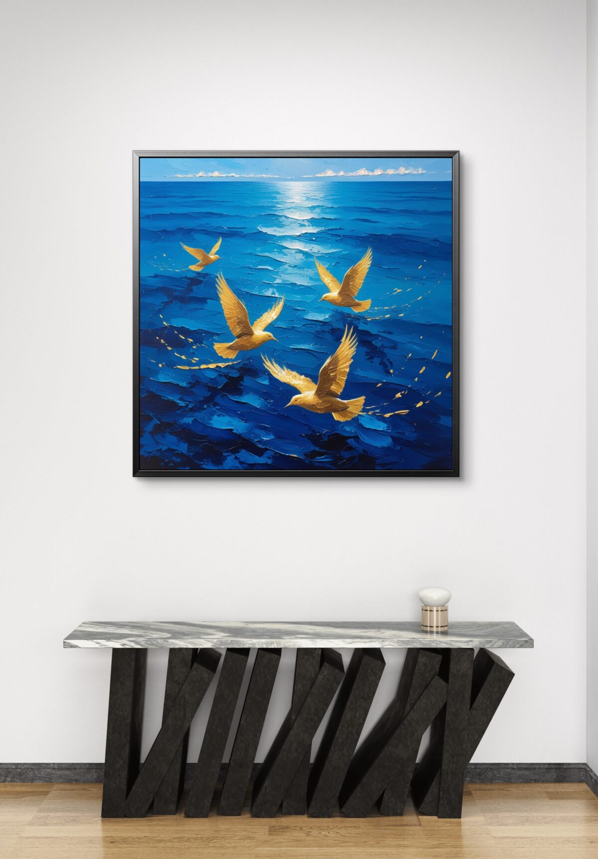golden birds with blue water