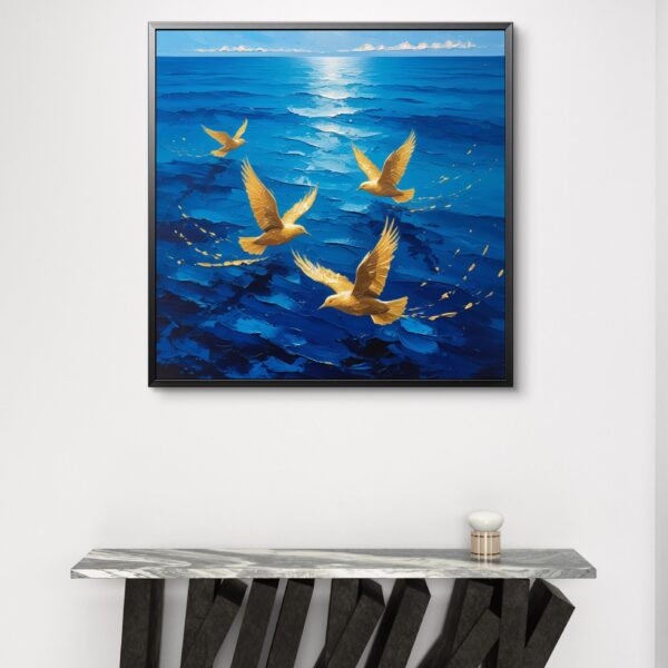 golden birds with blue water